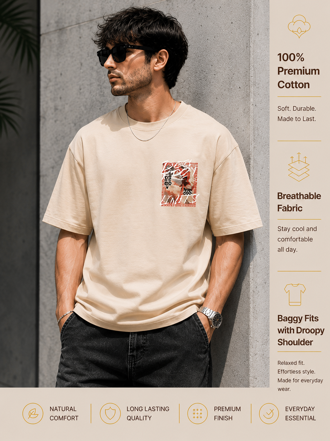 Men's Oversized Drop Shoulder T-Shirt | Pure Cotton Round Neck Relaxed Fit Streetwear Tee (Beige)