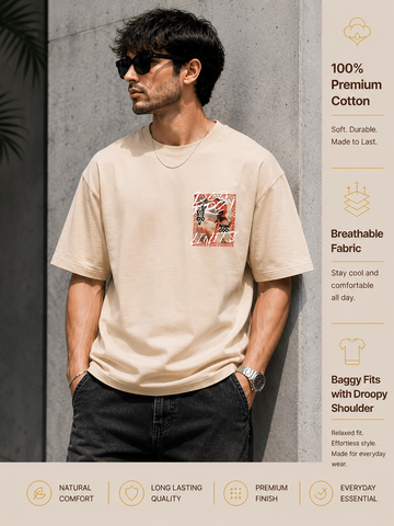 Men's Oversized Drop Shoulder T-Shirt | Pure Cotton Round Neck Relaxed Fit Streetwear Tee (Beige)