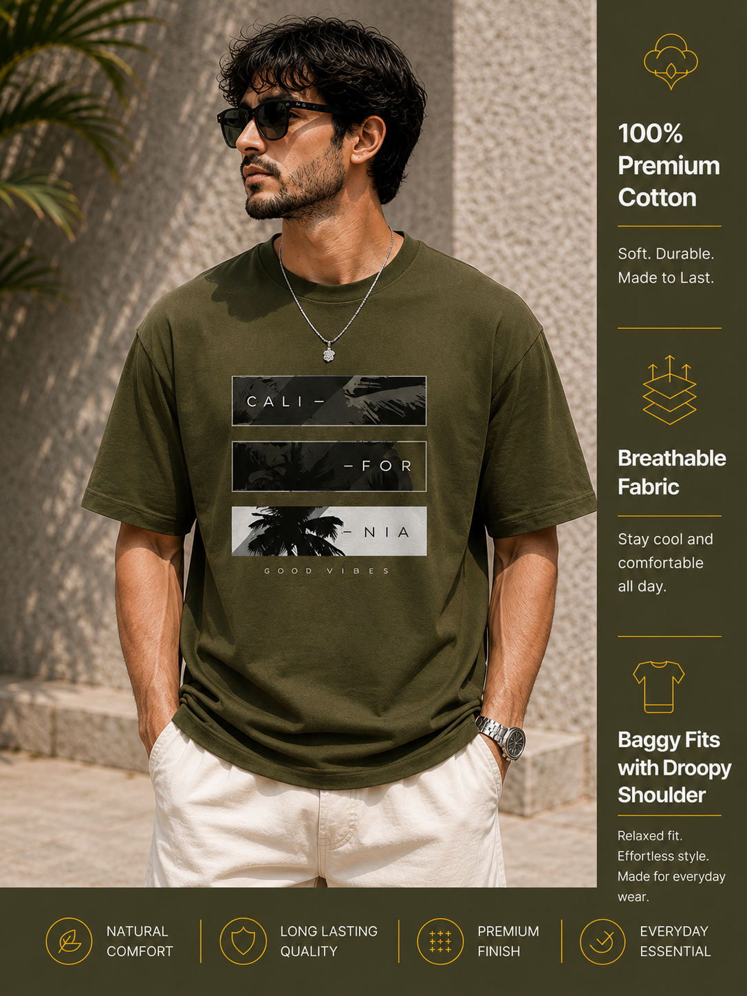 Men's Drop Shoulder T-Shirt | Pure Cotton Relaxed Fit Round Neck Streetwear Tee (Olive)
