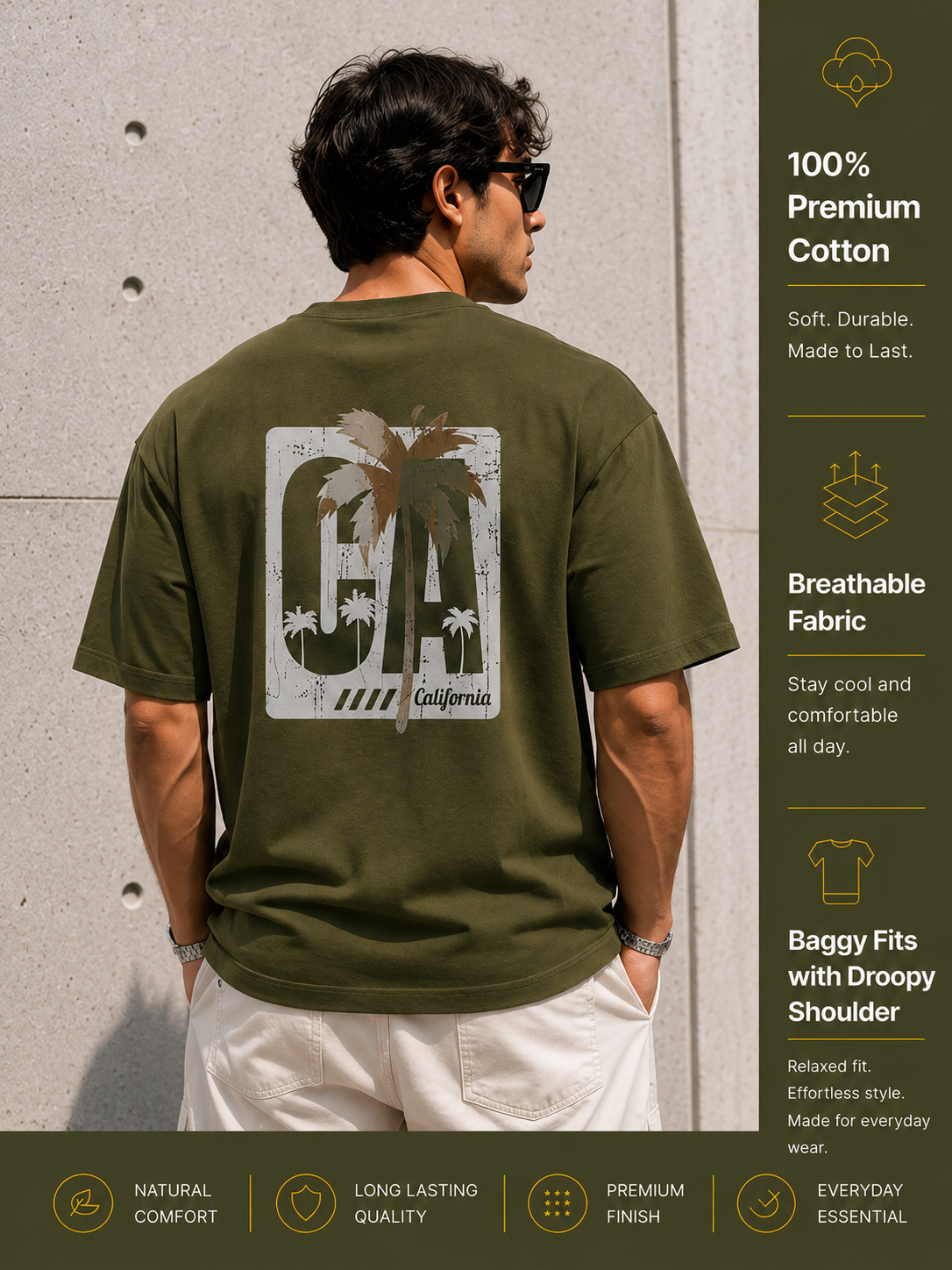 Men's Oversized Drop Shoulder T-Shirt | Pure Cotton Relaxed Fit Round Neck Pullover Tee (Olive)