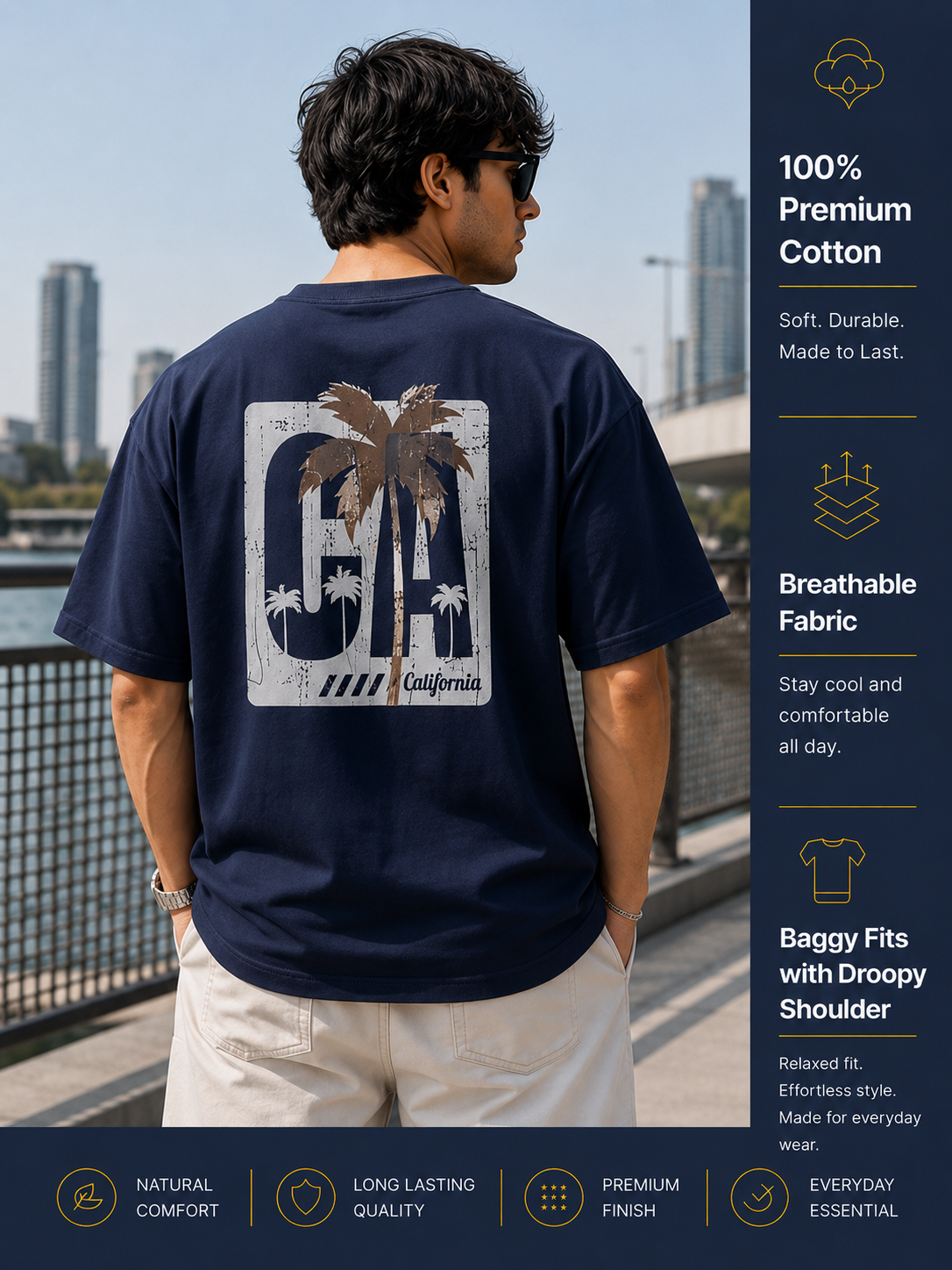 Men's Oversized Drop Shoulder T-Shirt | Pure Cotton Relaxed Fit Round Neck Pullover Tee (Navy Blue)