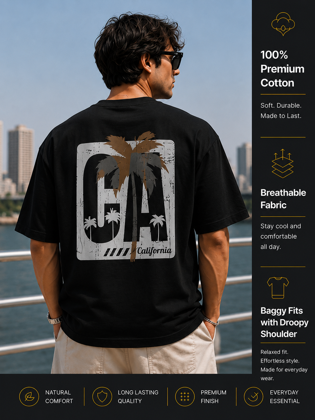 Men's Oversized Drop Shoulder T-Shirt | Pure Cotton Relaxed Fit Round Neck Pullover Tee (Black)
