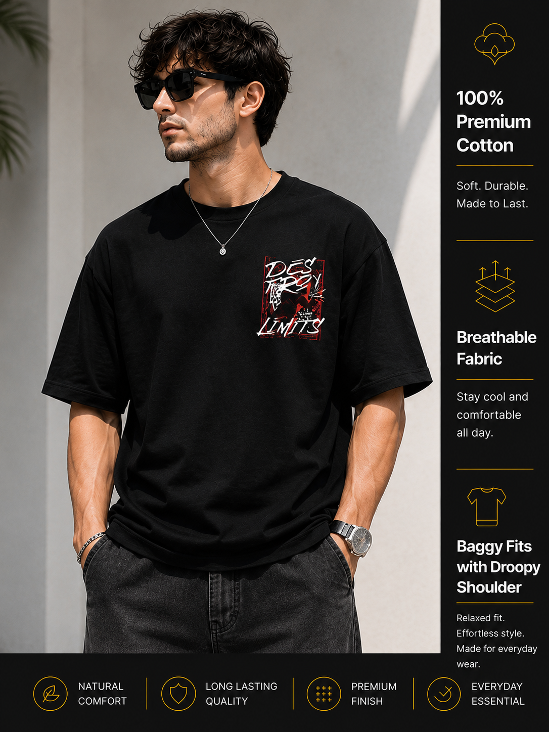 Men's Oversized Drop Shoulder T-Shirt | Pure Cotton Round Neck Relaxed Fit Streetwear Tee (Black)