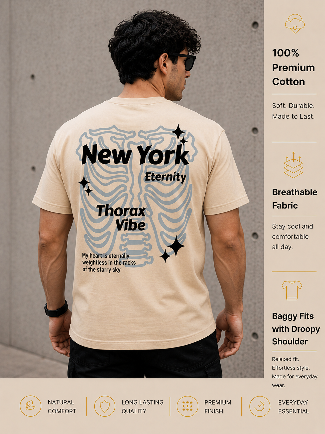 Men's Oversized Drop Shoulder T-Shirt | Pure Cotton Relaxed Fit Round Neck Tee (Beige)