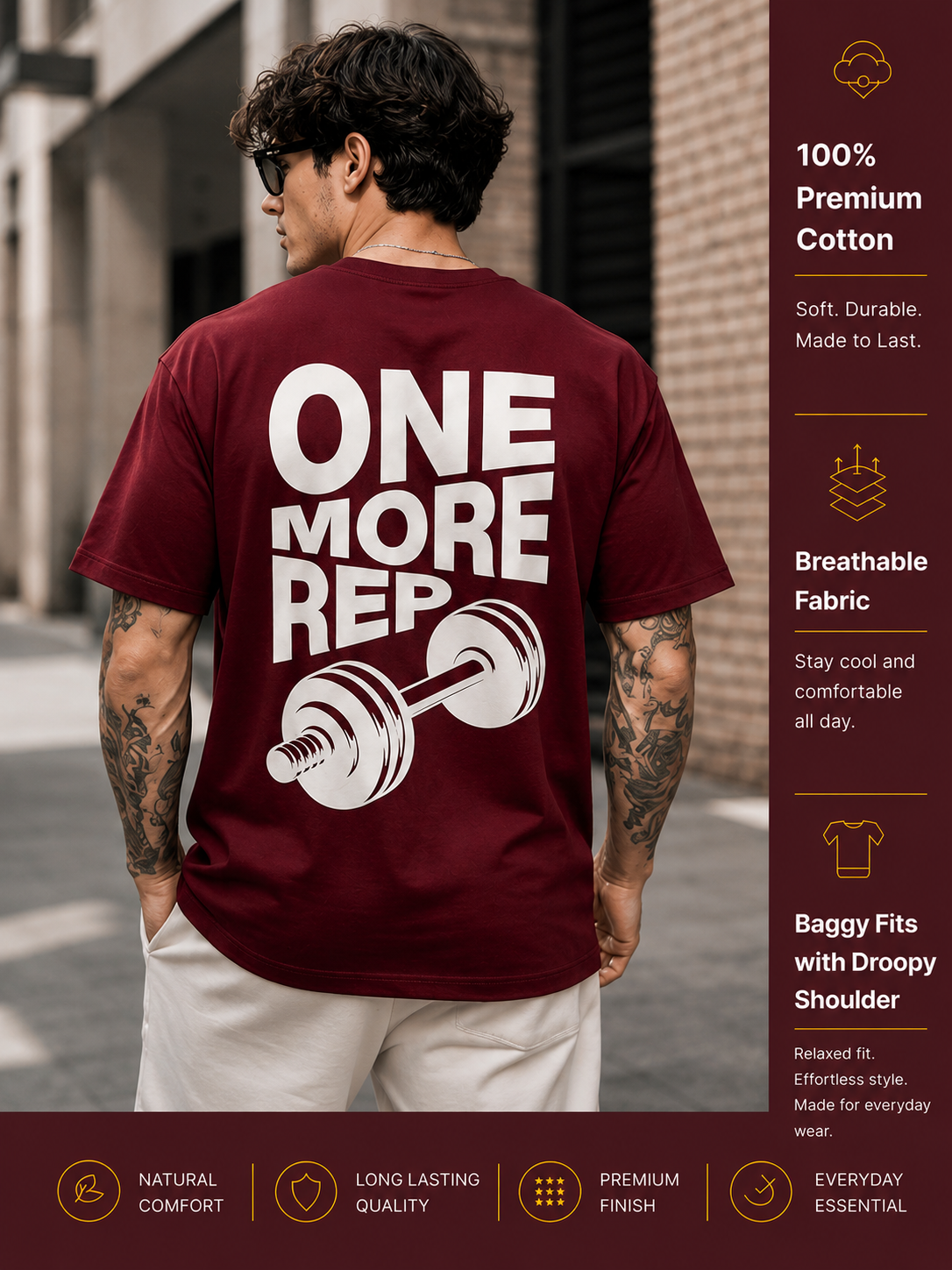 Men's Oversized Drop Shoulder T-Shirt | Cotton Relaxed Fit Round Neck Streetwear Tee (Wine)