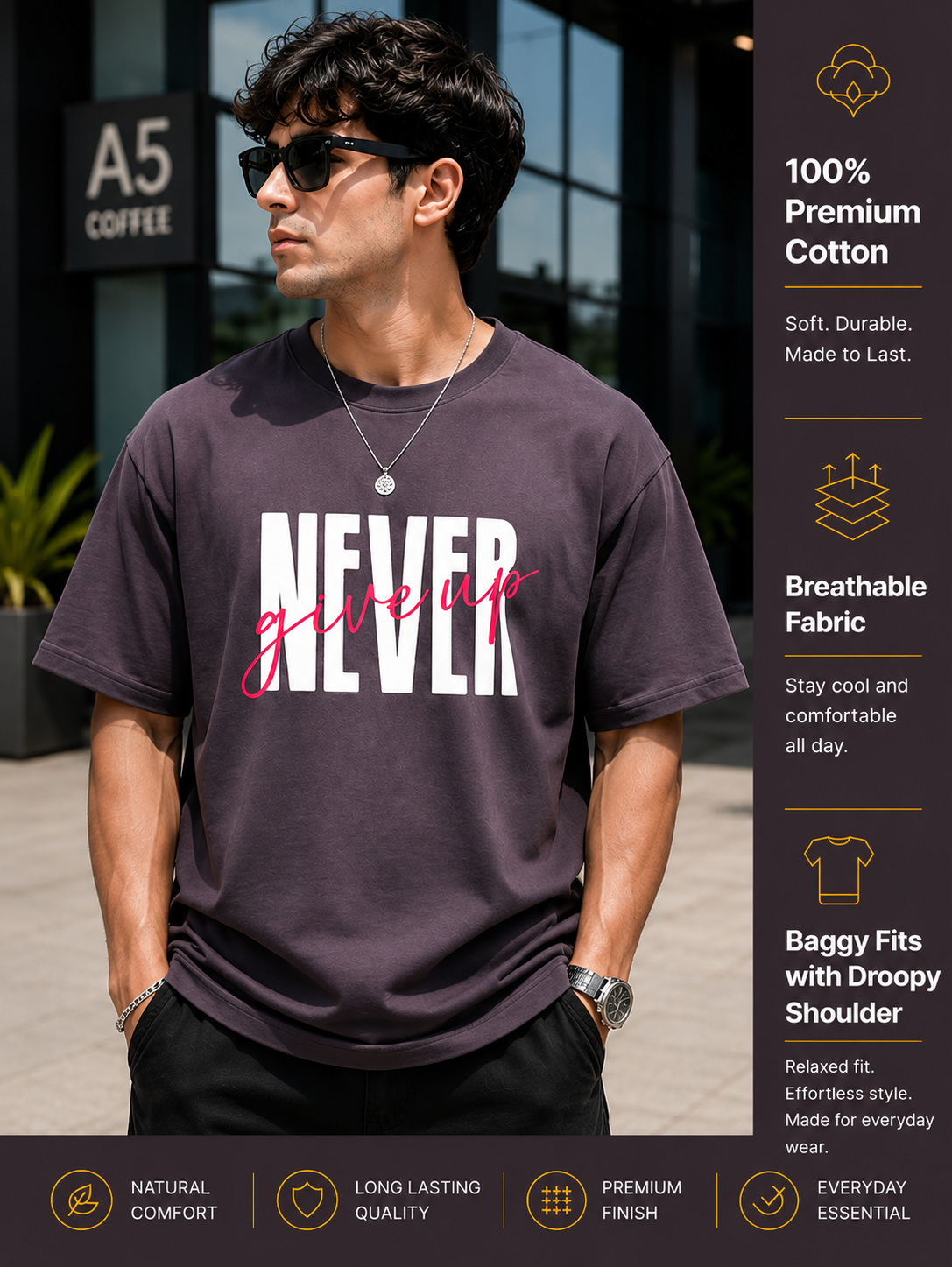 Men's Oversized T-Shirt | Pure Cotton Relaxed Fit Round Neck Streetwear Tee (Grey)