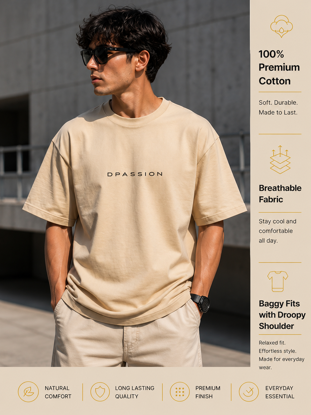 Men's Oversized Drop Shoulder T-Shirt | Pure Cotton Activewear Relaxed Fit Round Neck Streetwear Tee (Beige)