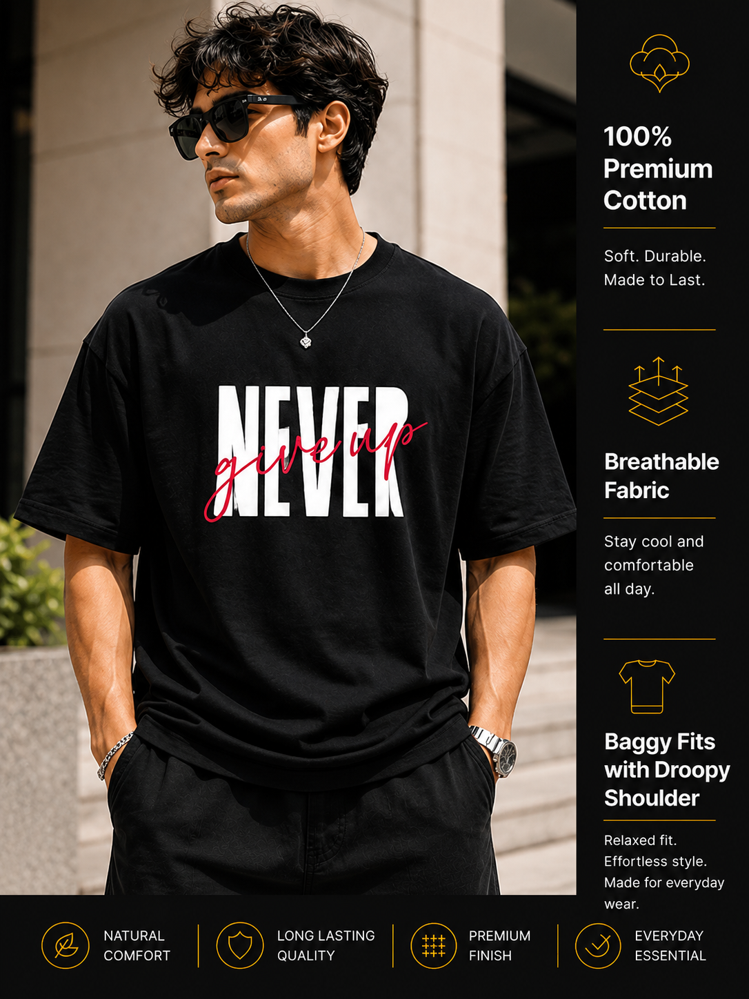 Men's Oversized T-Shirt | Pure Cotton Relaxed Fit Round Neck Streetwear Tee (Black)