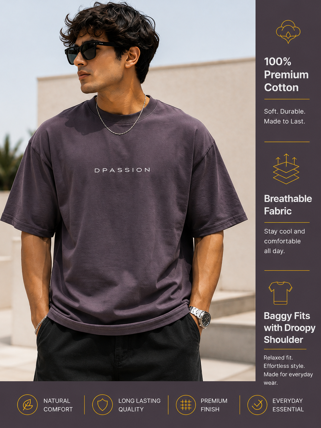 Men's Oversized Drop Shoulder T-Shirt | Cotton Fabirc Relaxed Fit Round Neck Streetwear Tee (Grey)