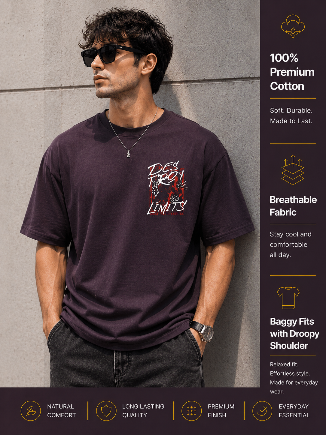 Men's Oversized Drop Shoulder T-Shirt | Pure Cotton Round Neck Relaxed Fit Streetwear Tee (Grey)