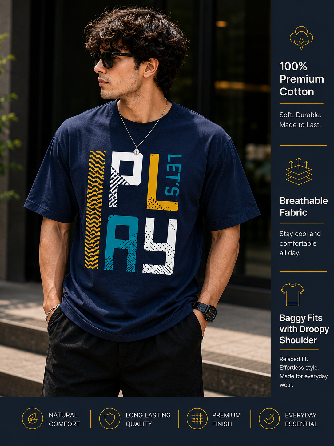 Men's Oversized Drop Shoulder T-Shirt | Pure Cotton Relaxed Fit Round Neck Streetwear Pullover Tee (Navy Blue)