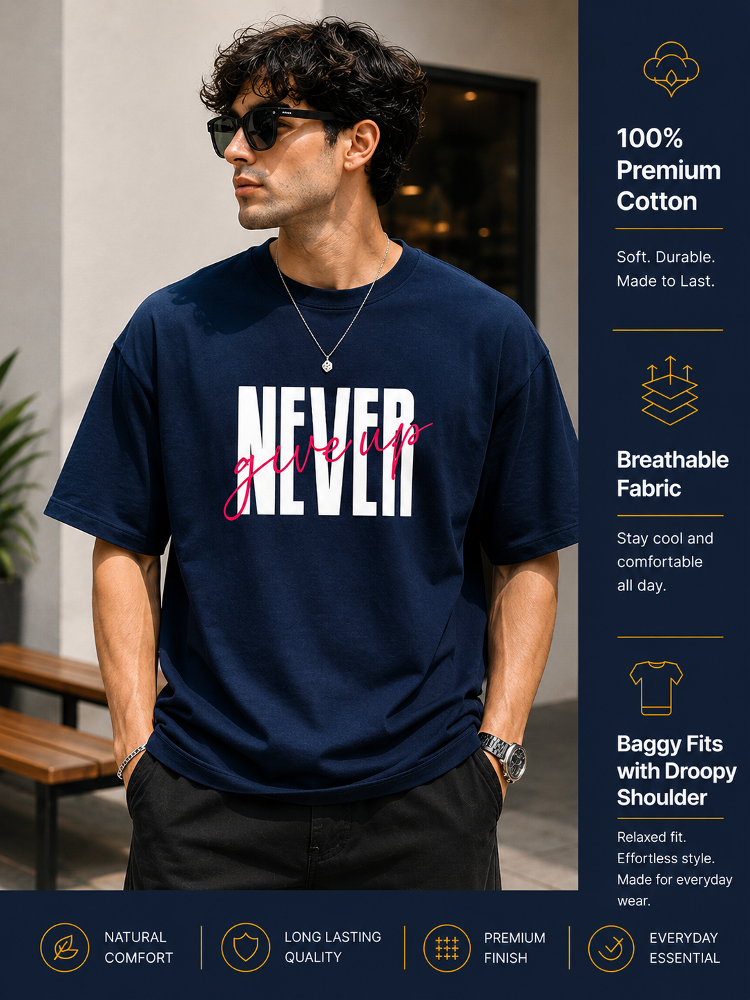 Men's Oversized T-Shirt | Pure Cotton Relaxed Fit Round Neck Streetwear Tee (Navy Blue)