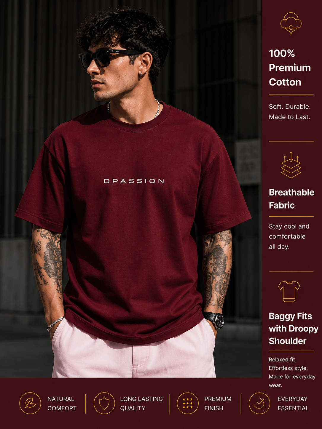 Men's Oversized Drop Shoulder T-Shirt | Pure Cotton Activewear Round Neck Streetwear Tee (Wine)