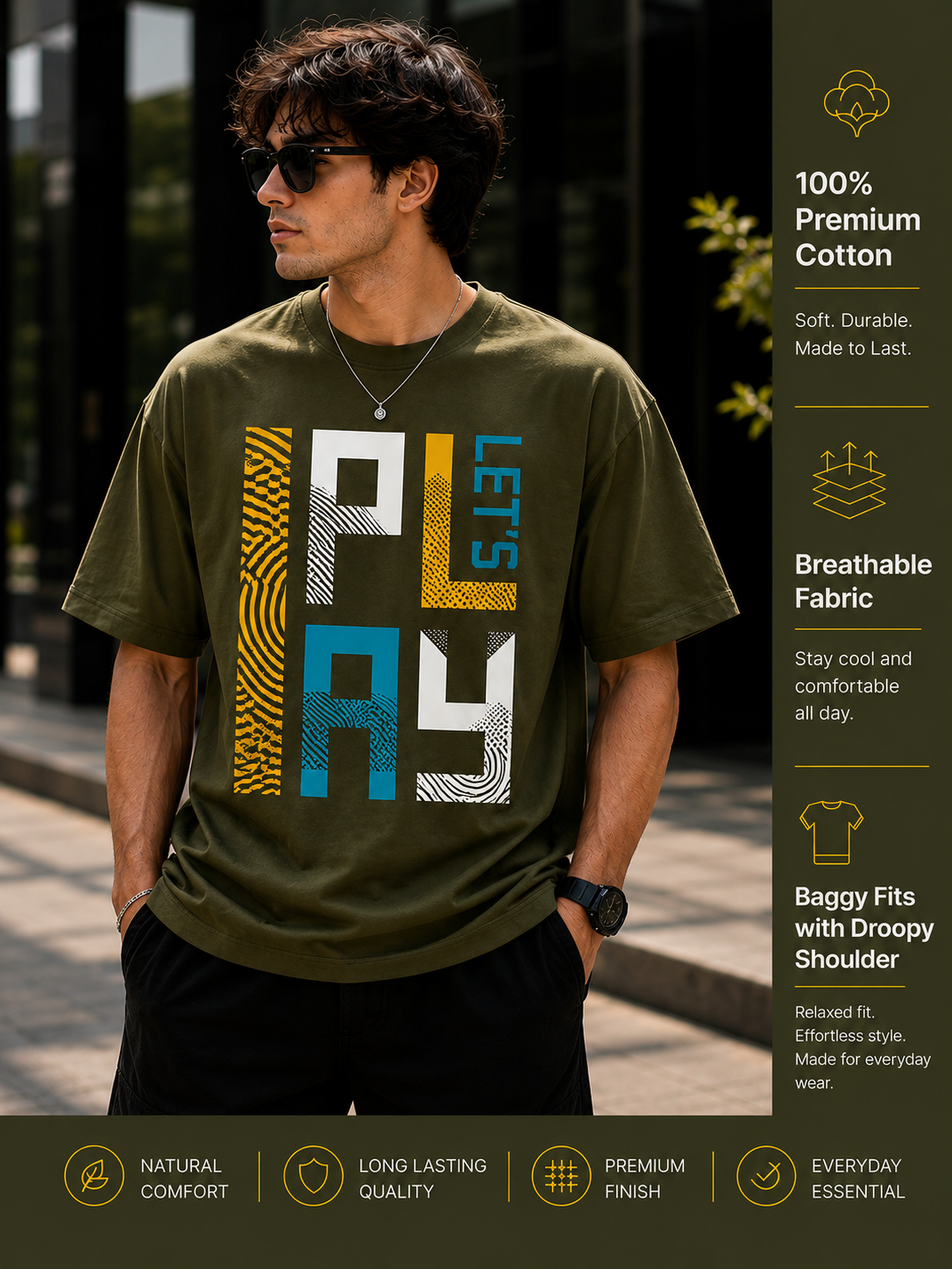 Men's Oversized Drop Shoulder T-Shirt | Pure Cotton Relaxed Fit Round Neck Streetwear Pullover Tee (Olive)