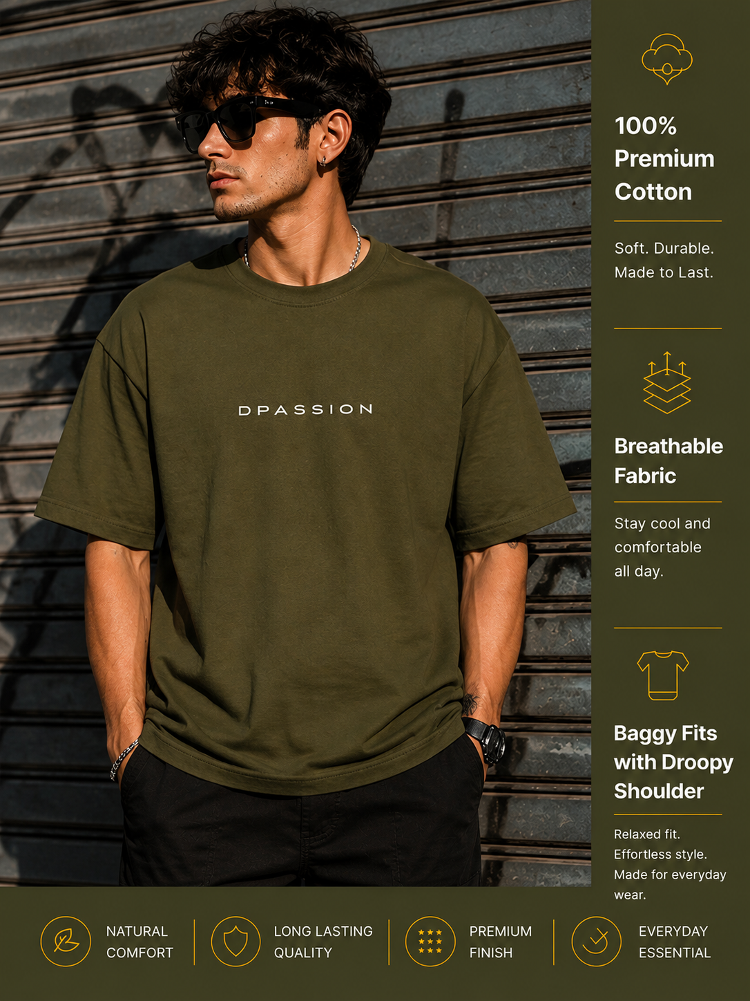 Men's Oversized Drop Shoulder T-Shirt | Pure Cotton Activewear Round Neck Streetwear Tee (Olive)