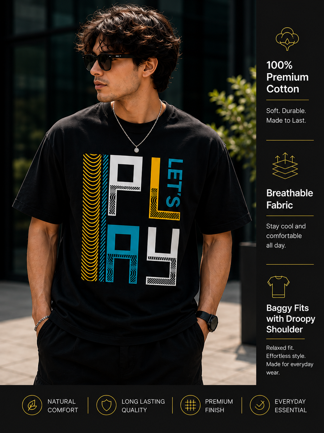 Men's Oversized Drop Shoulder T-Shirt | Pure Cotton Relaxed Fit Round Neck Streetwear Pullover Tee (Black)