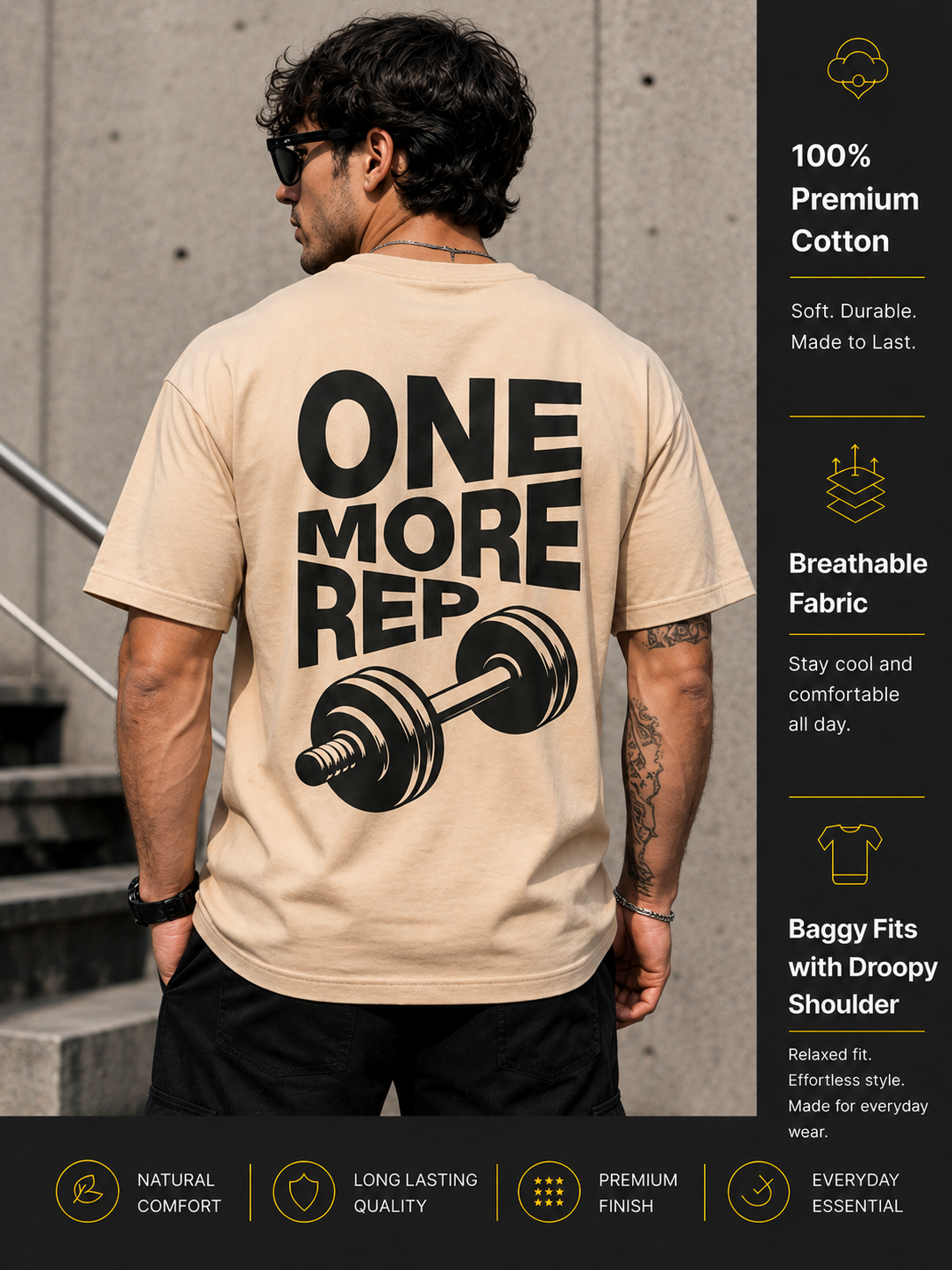 Men's Oversized Drop Shoulder T-Shirt | Cotton Relaxed Fit Round Neck Streetwear Tee (Beige)
