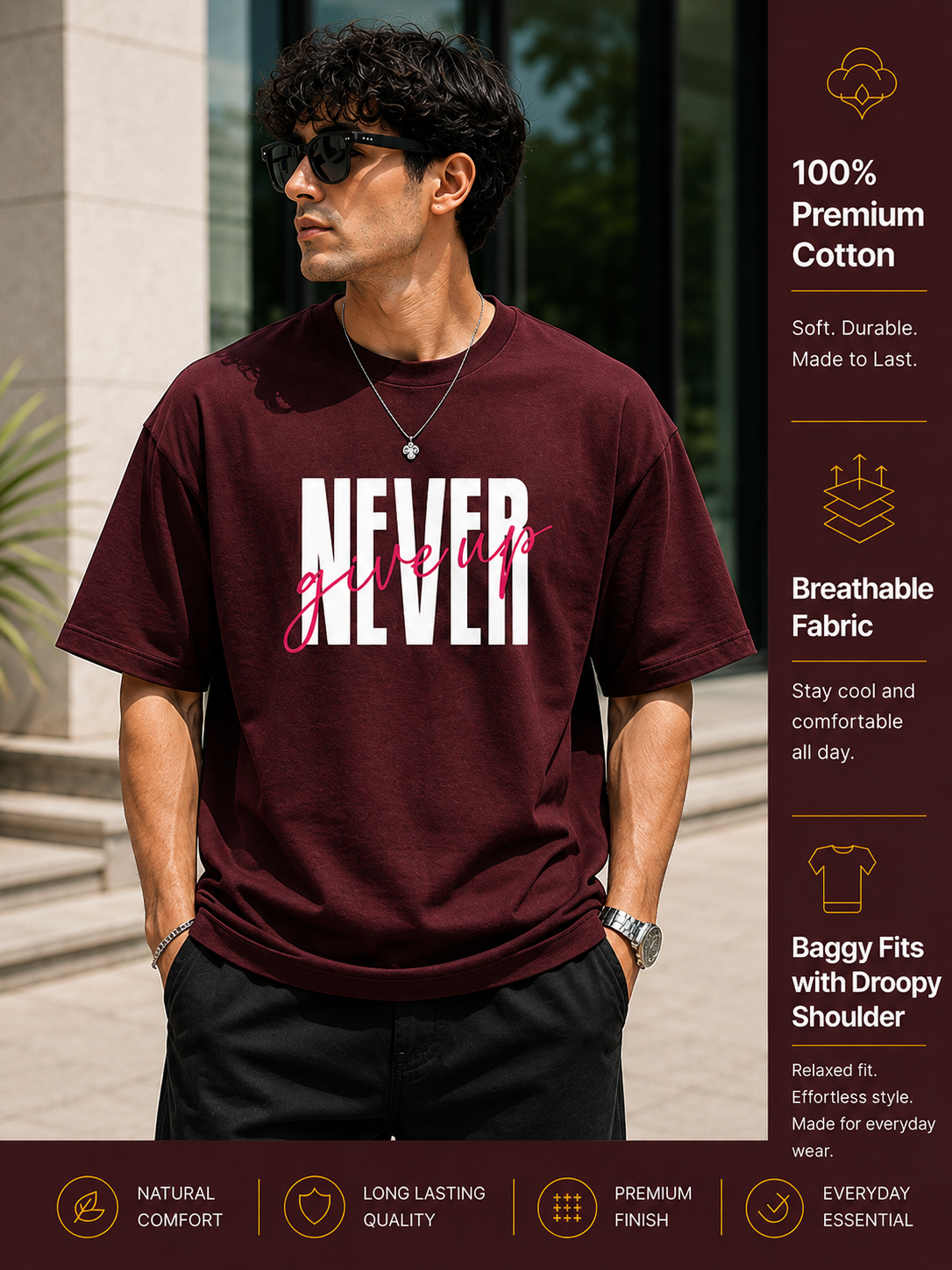 Men's Oversized T-Shirt | Pure Cotton Relaxed Fit Round Neck Streetwear Tee (Wine)