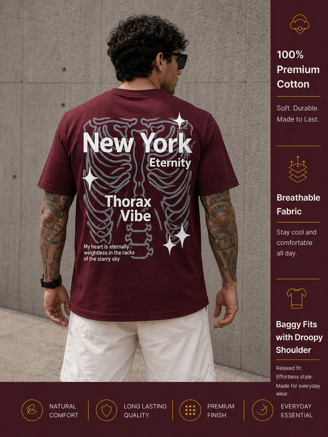 Men's Oversized Drop Shoulder T-Shirt | Pure Cotton Relaxed Fit Round Neck Tee (Wine)