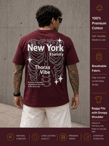 Men's Oversized Drop Shoulder T-Shirt | Pure Cotton Relaxed Fit Round Neck Tee (Wine)