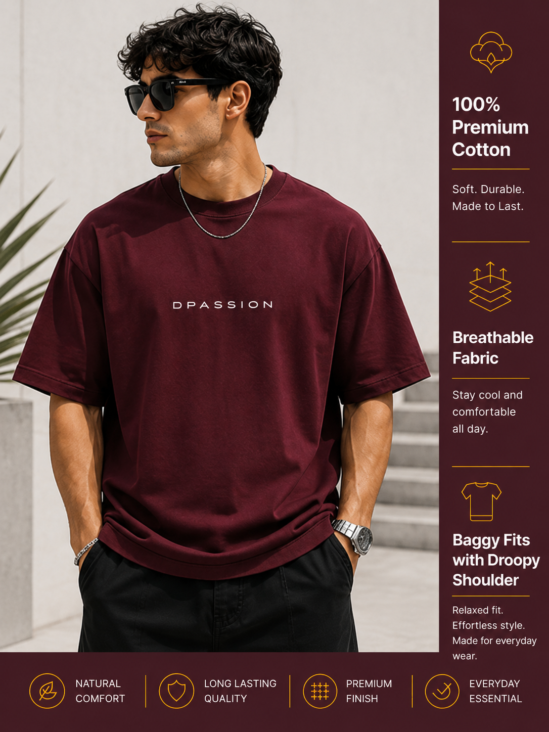 Men's Oversized Drop Shoulder T-Shirt | Cotton Fabirc Relaxed Fit Round Neck Streetwear Tee (Wine)