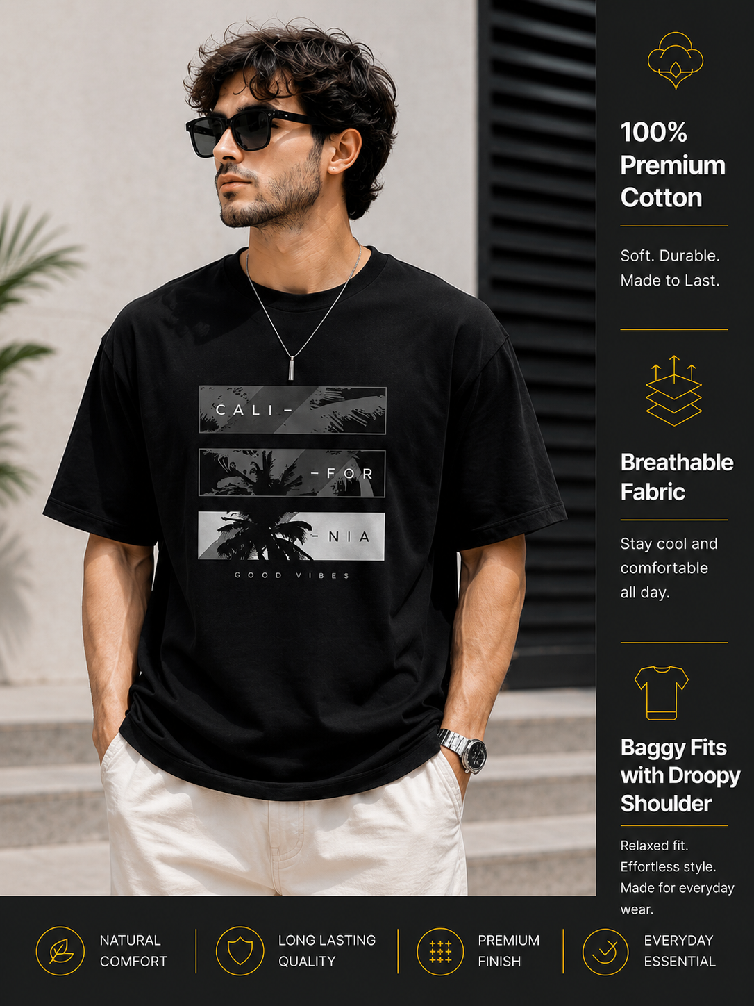 Men's Drop Shoulder T-Shirt | Pure Cotton Relaxed Fit Round Neck Streetwear Tee (Black)