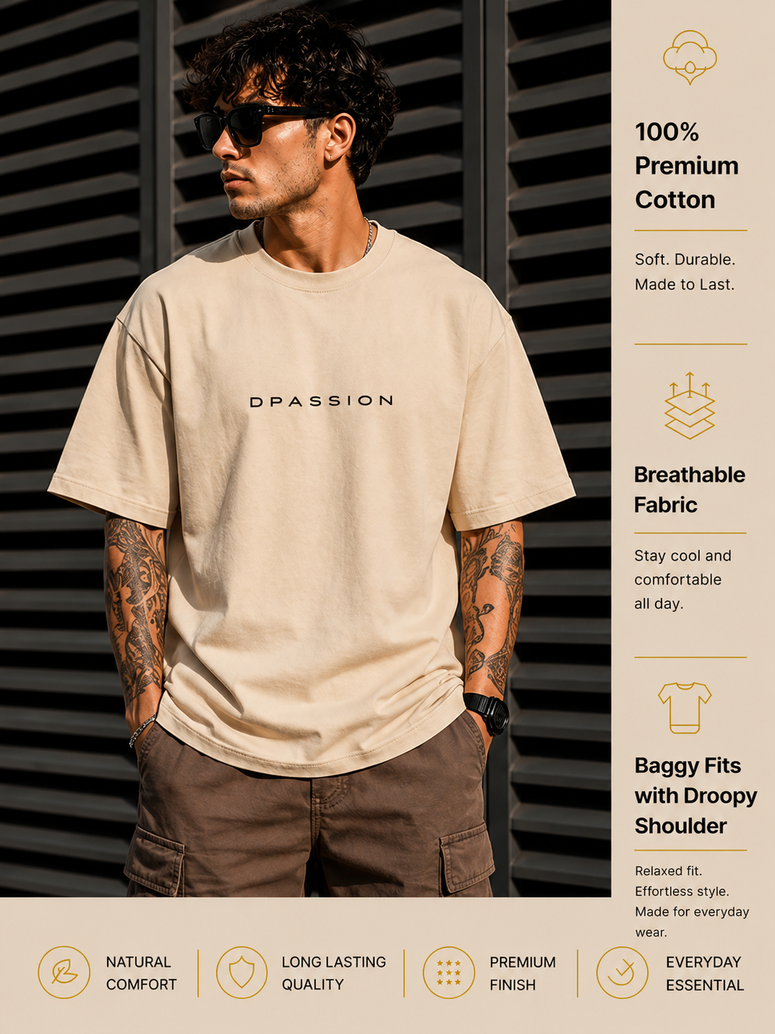 Men's Oversized Drop Shoulder T-Shirt | Pure Cotton Activewear Round Neck Streetwear Tee (Beige)