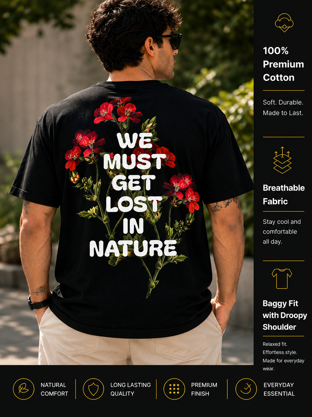 Men's Oversized Drop Shoulder T-Shirt | 100% Cotton Relaxed Fit Round Neck Streetwear Tee (Black)