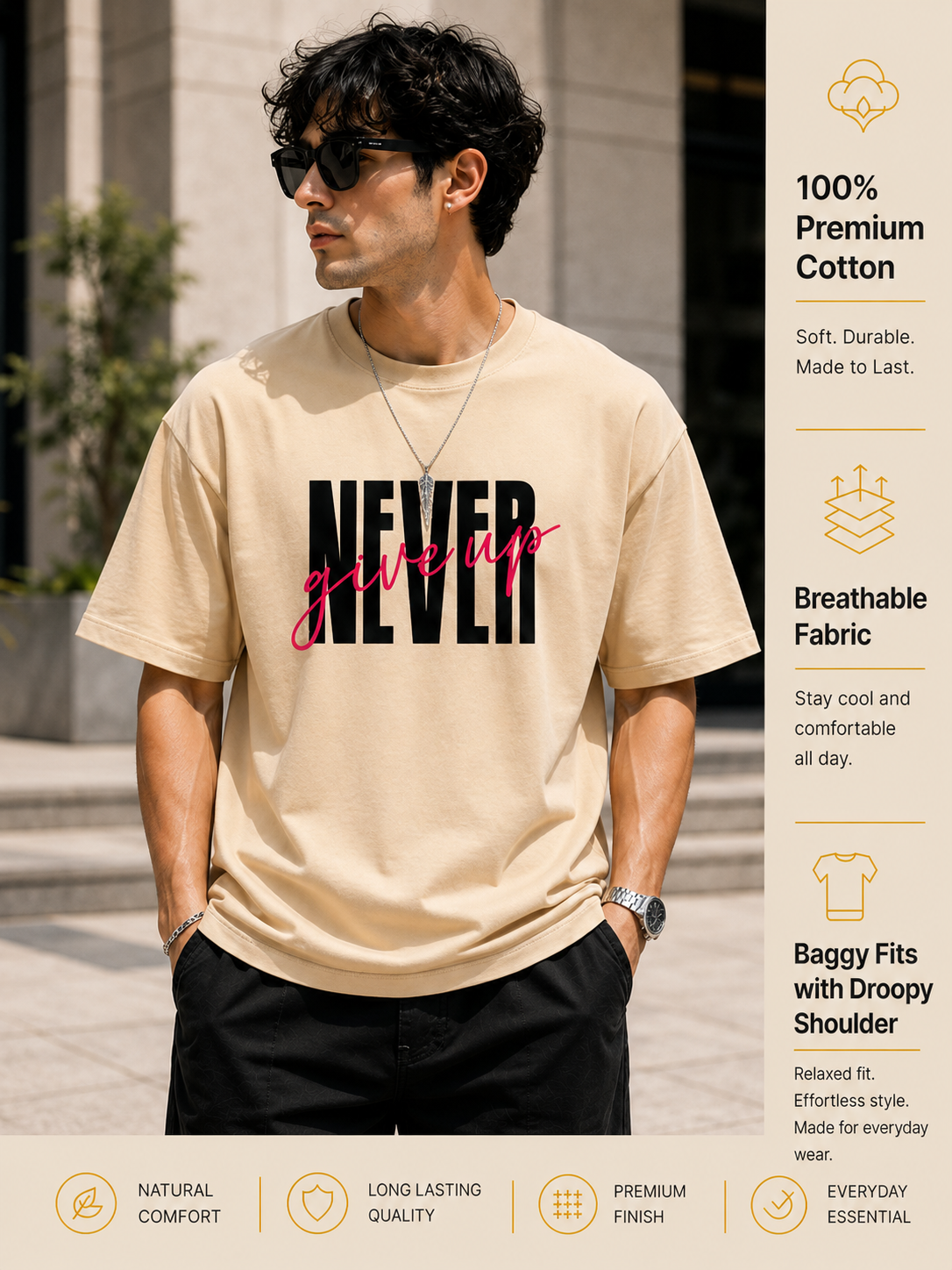Men's Oversized T-Shirt | Pure Cotton Relaxed Fit Round Neck Streetwear Tee (Beige)