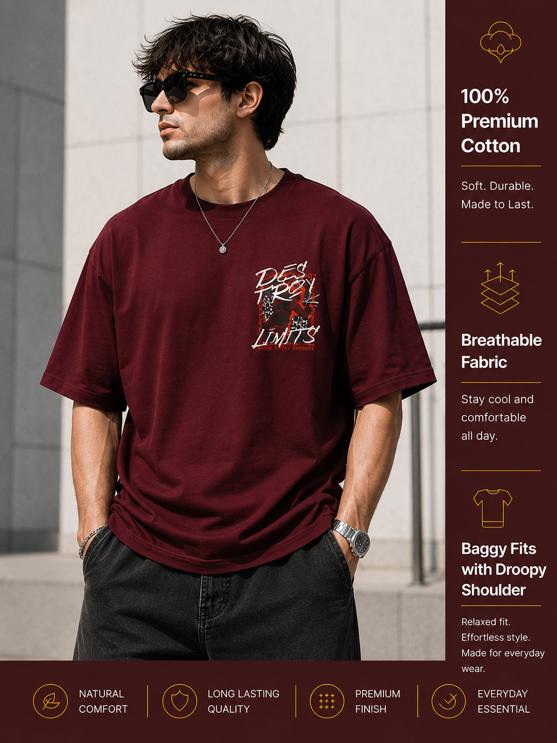Men's Oversized Drop Shoulder T-Shirt | Pure Cotton Round Neck Relaxed Fit Streetwear Tee (Wine)