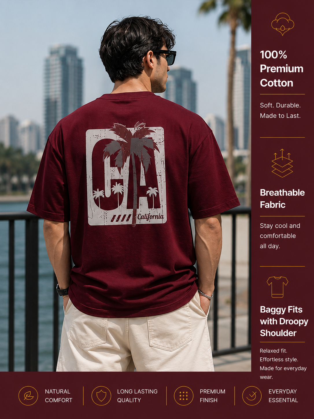 Men's Oversized Drop Shoulder T-Shirt | Pure Cotton Relaxed Fit Round Neck Pullover Tee (Wine)