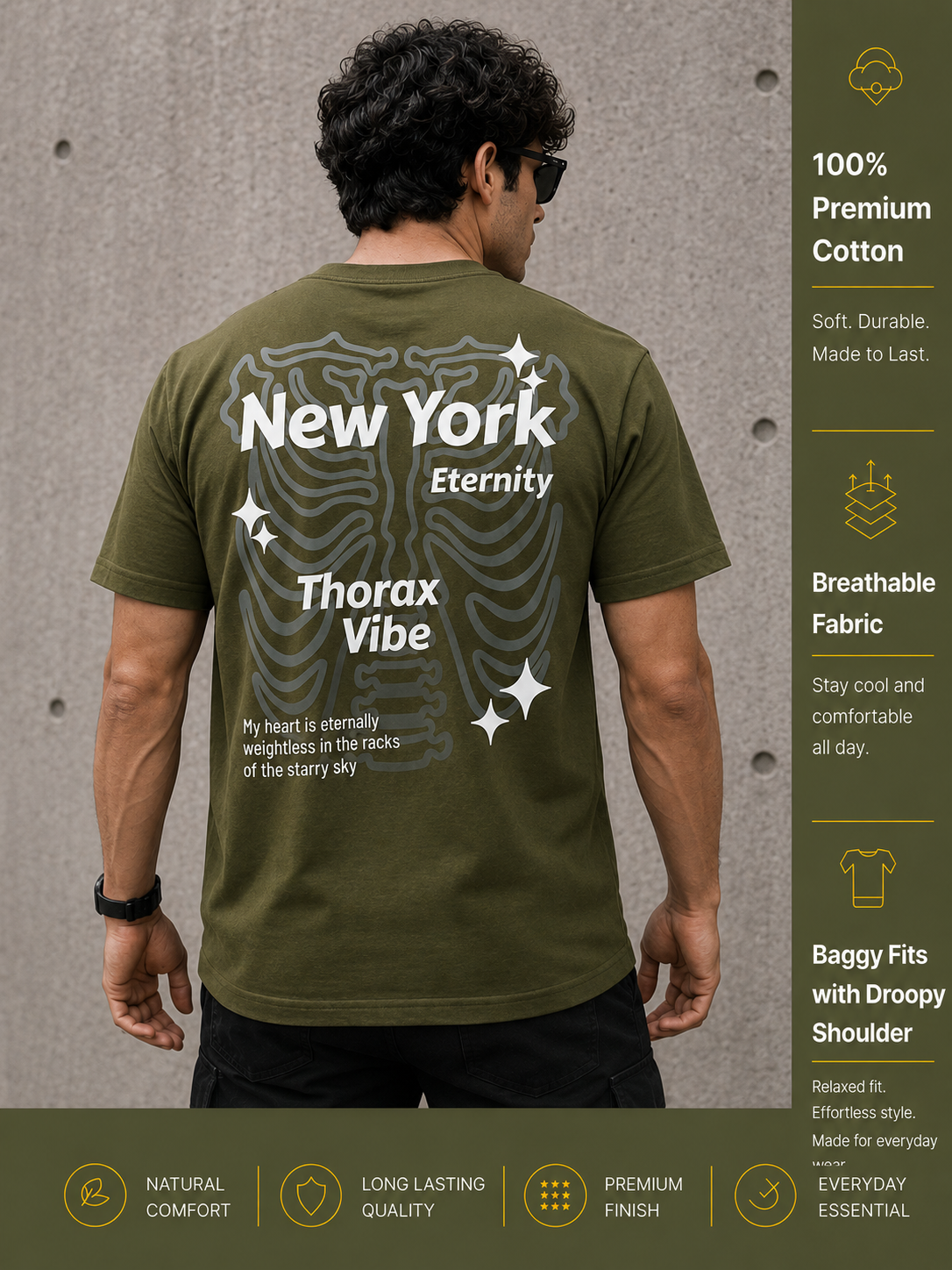 Men's Oversized Drop Shoulder T-Shirt | Pure Cotton Relaxed Fit Round Neck Tee (Olive)