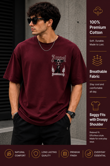 Men's Oversized Drop Shoulder T-Shirt | Pure Cotton Relaxed Fit Round Neck Streetwear T-Shirt (Wine)