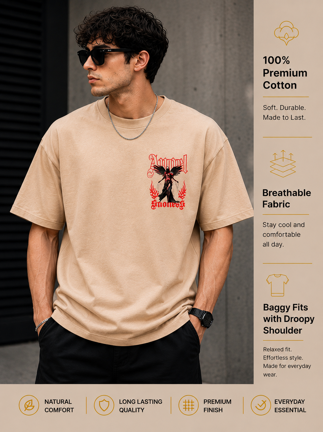 Men's Oversized Drop Shoulder T-Shirt | Pure Cotton Relaxed Fit Round Neck Streetwear T-Shirt (Beige)