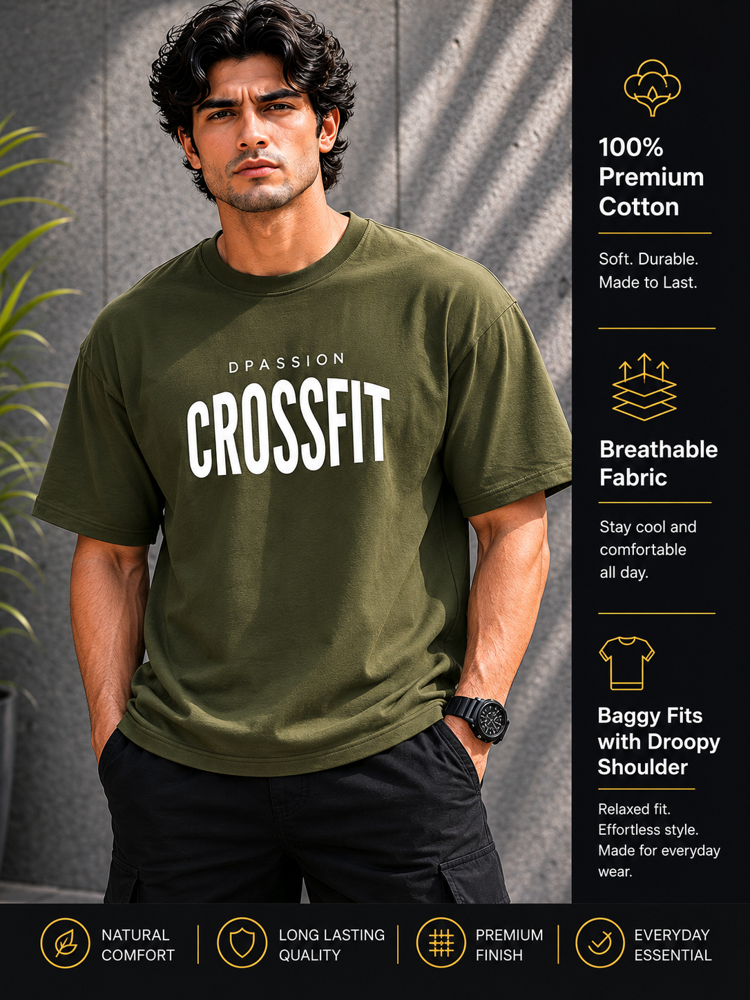 Men's Oversized Drop Shoulder T-Shirt | Pure Cotton Relaxed Fit Round Neck Streetwear Tee (Olive)