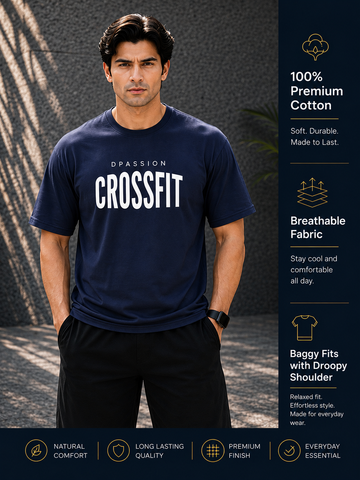 Men's Oversized Drop Shoulder T-Shirt | Pure Cotton Relaxed Fit Round Neck Streetwear Tee (Navy Blue)