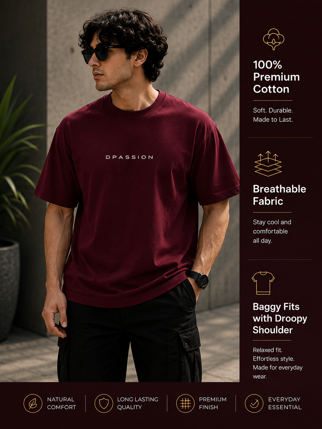 Men's Oversized Drop Shoulder T-Shirt | Pure Cotton Relaxed Fit Round Neck Streetwear Activewear Tee (Wine)