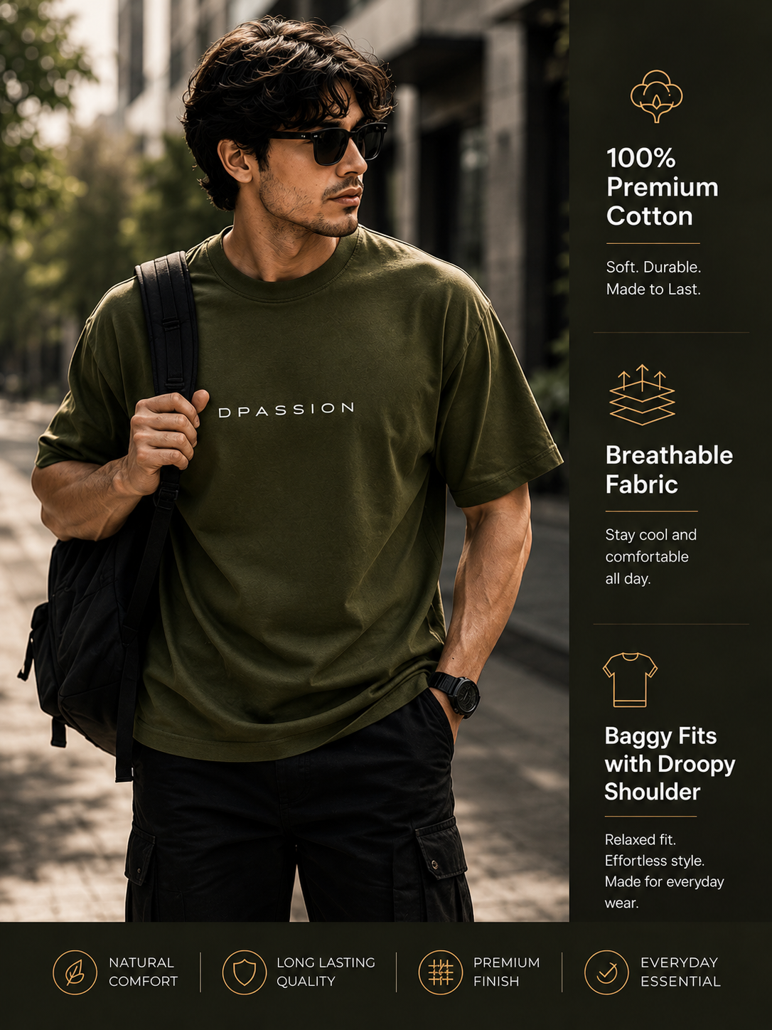 Men's Oversized Drop Shoulder T-Shirt | Pure Cotton Relaxed Fit Round Neck Streetwear Activewear Tee (Olive)