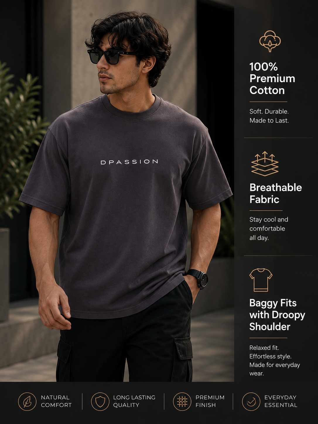 Men's Oversized Drop Shoulder T-Shirt | Pure Cotton Relaxed Fit Round Neck Streetwear Activewear Tee (Grey)