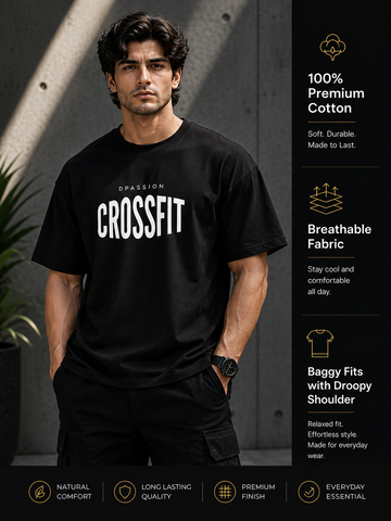 Men's Oversized Drop Shoulder T-Shirt | Pure Cotton Relaxed Fit Round Neck Streetwear Tee (Black)
