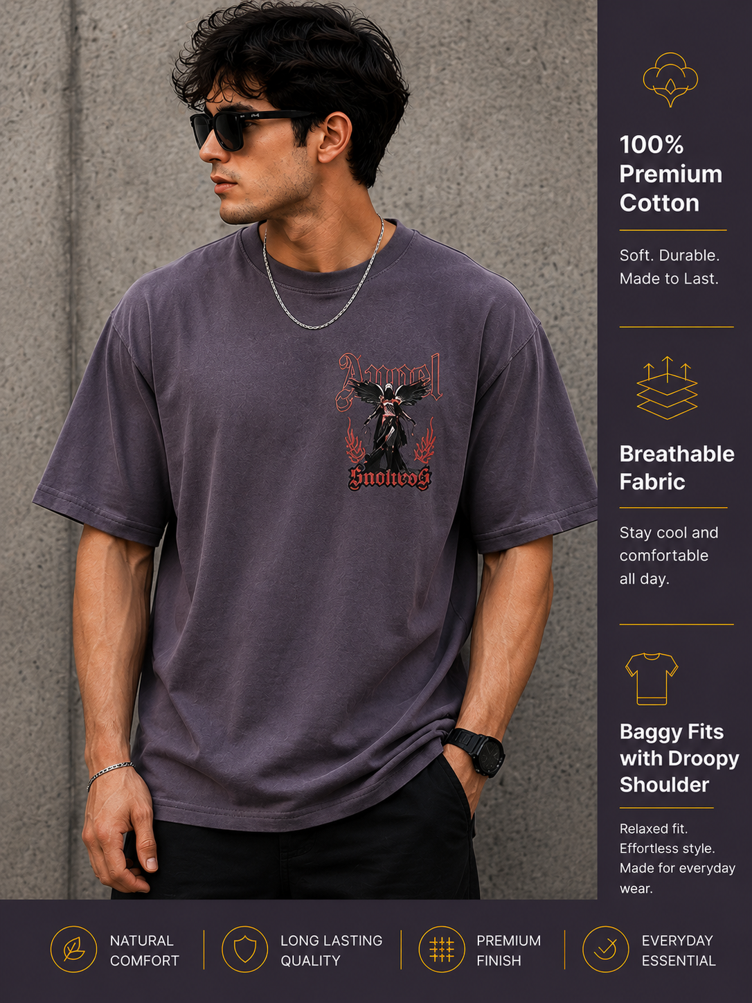 Men's Oversized Drop Shoulder T-Shirt | Pure Cotton Relaxed Fit Round Neck Streetwear T-Shirt (Grey)