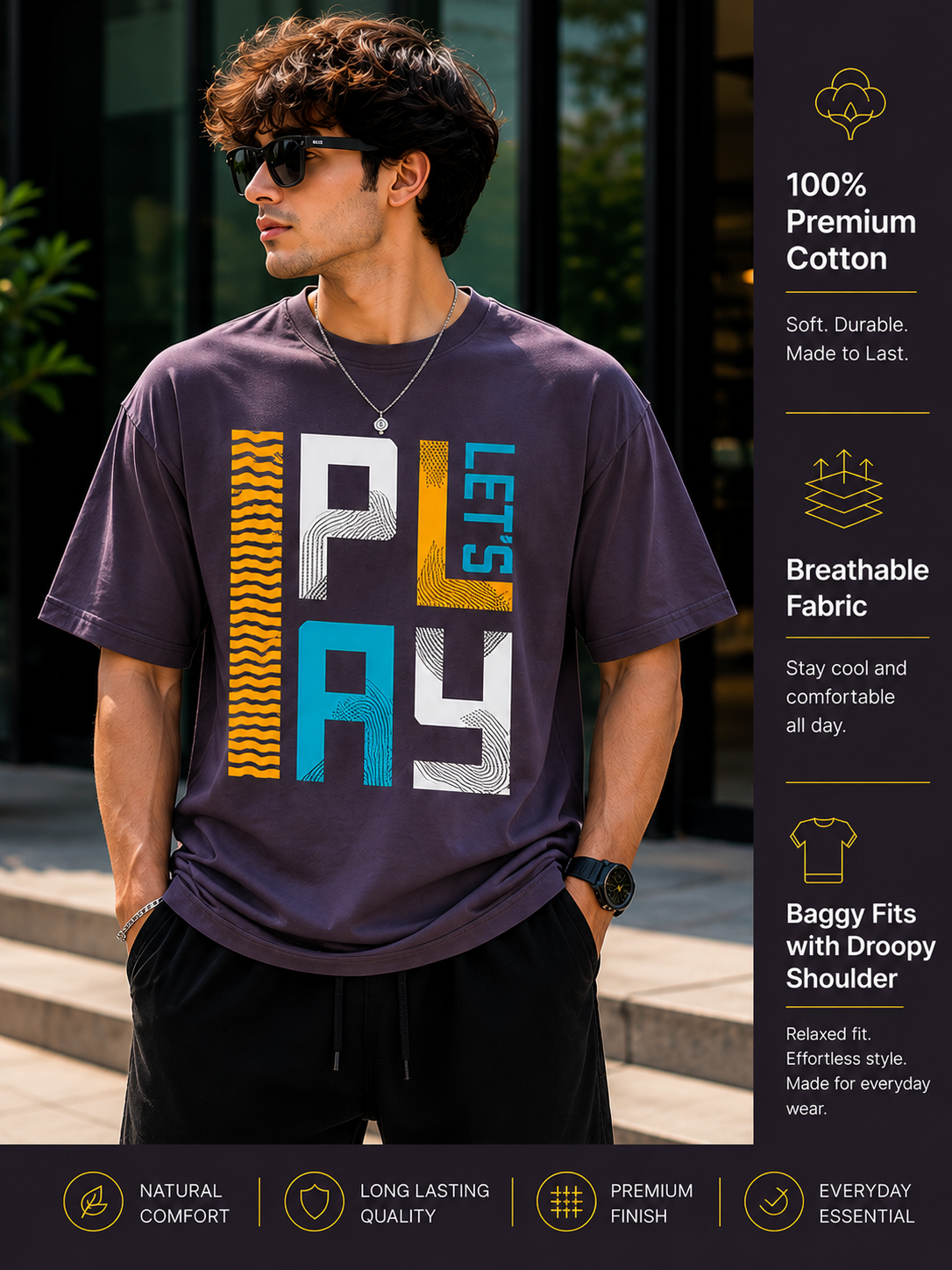 Men's Oversized Drop Shoulder T-Shirt | Pure Cotton Relaxed Fit Round Neck Streetwear Pullover Tee (Grey)